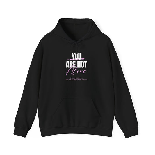 Printed Hoodie in New York Black unisex hoodie with text 'YOU ARE NOT ALONE' printed on the front.
