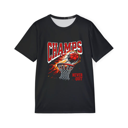 Printed A black short-sleeved men's sports jersey  NY with a graphic print that includes the word 'CHAMPS' and a basketball, along with the phrases 'NEVER QUIT' and 'CHAMPIONS NEVER QUIT'.