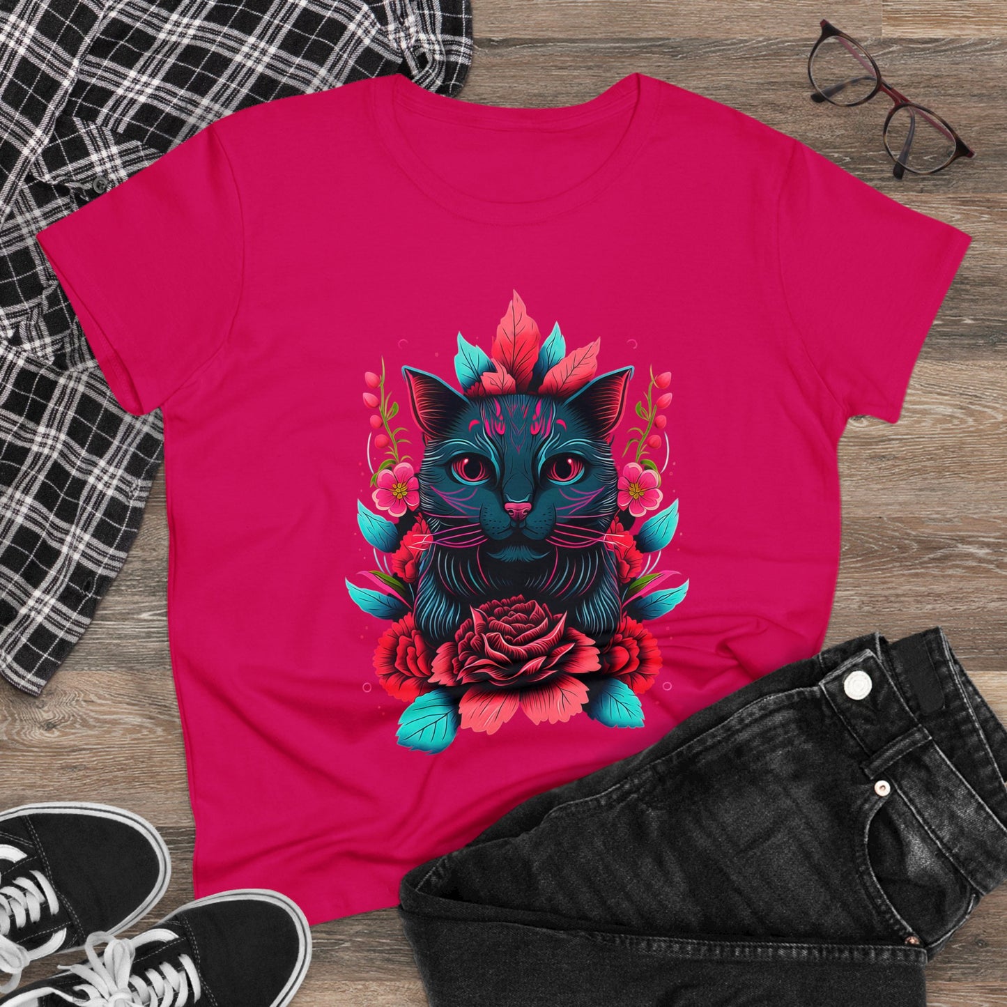 Floral Cat Women's Midweight Cotton Tee - Perfect for pet and Cat Lovers
