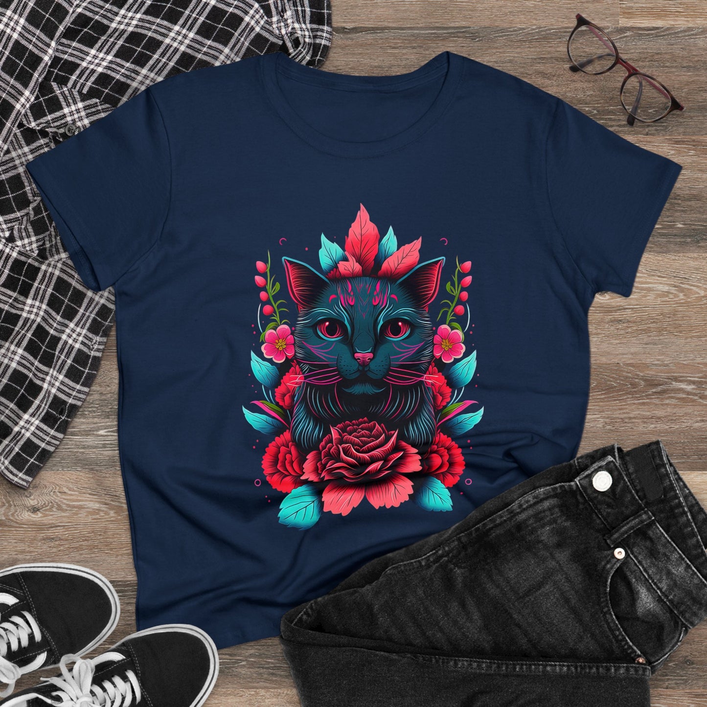 Floral Cat Women's Midweight Cotton Tee - Perfect for pet and Cat Lovers
