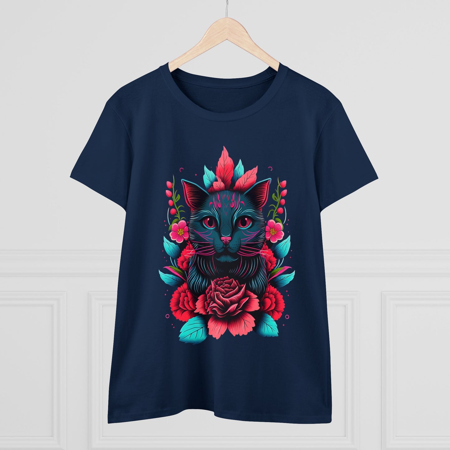 Floral Cat Women's Midweight Cotton Tee - Perfect for pet and Cat Lovers