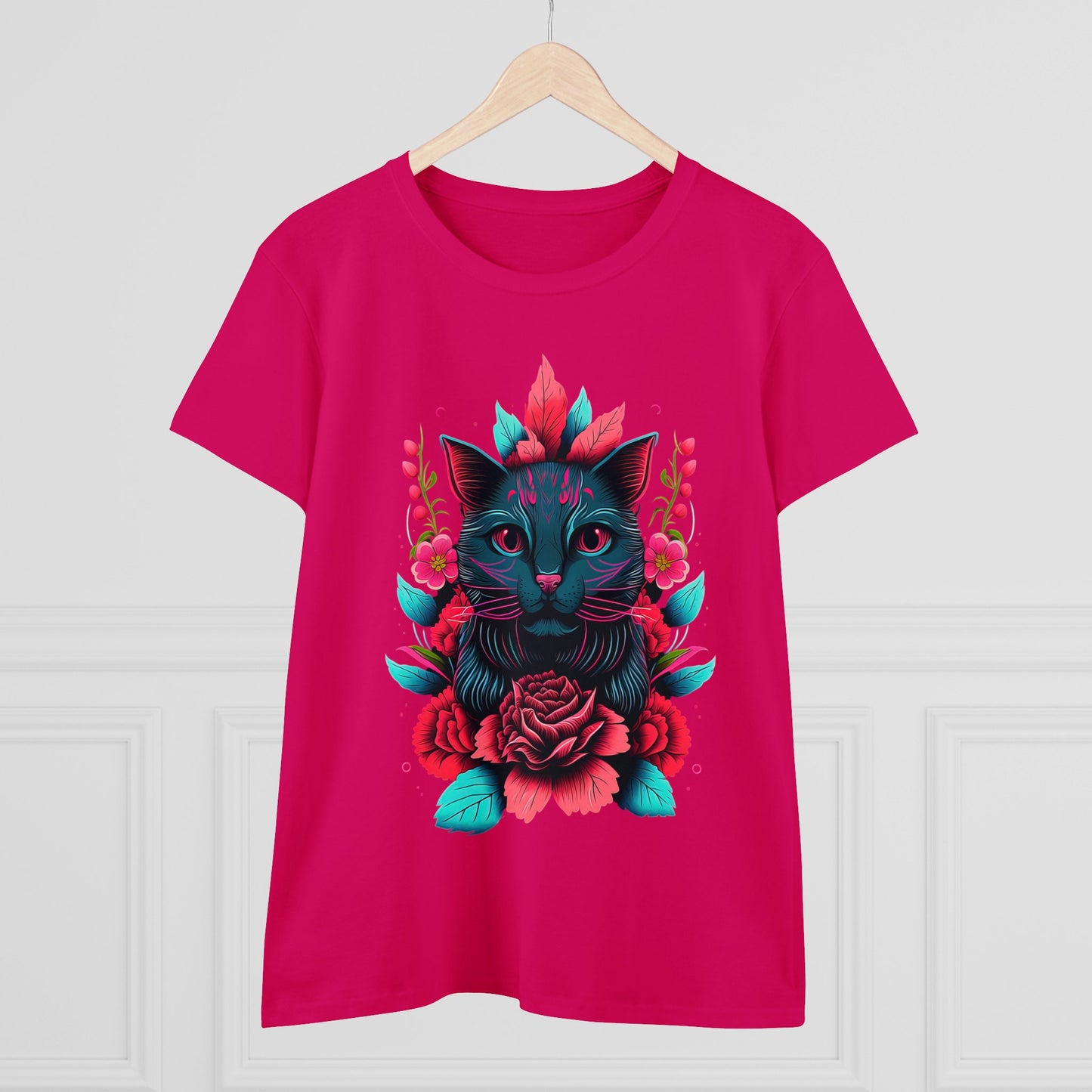 Floral Cat Women's Midweight Cotton Tee - Perfect for pet and Cat Lovers