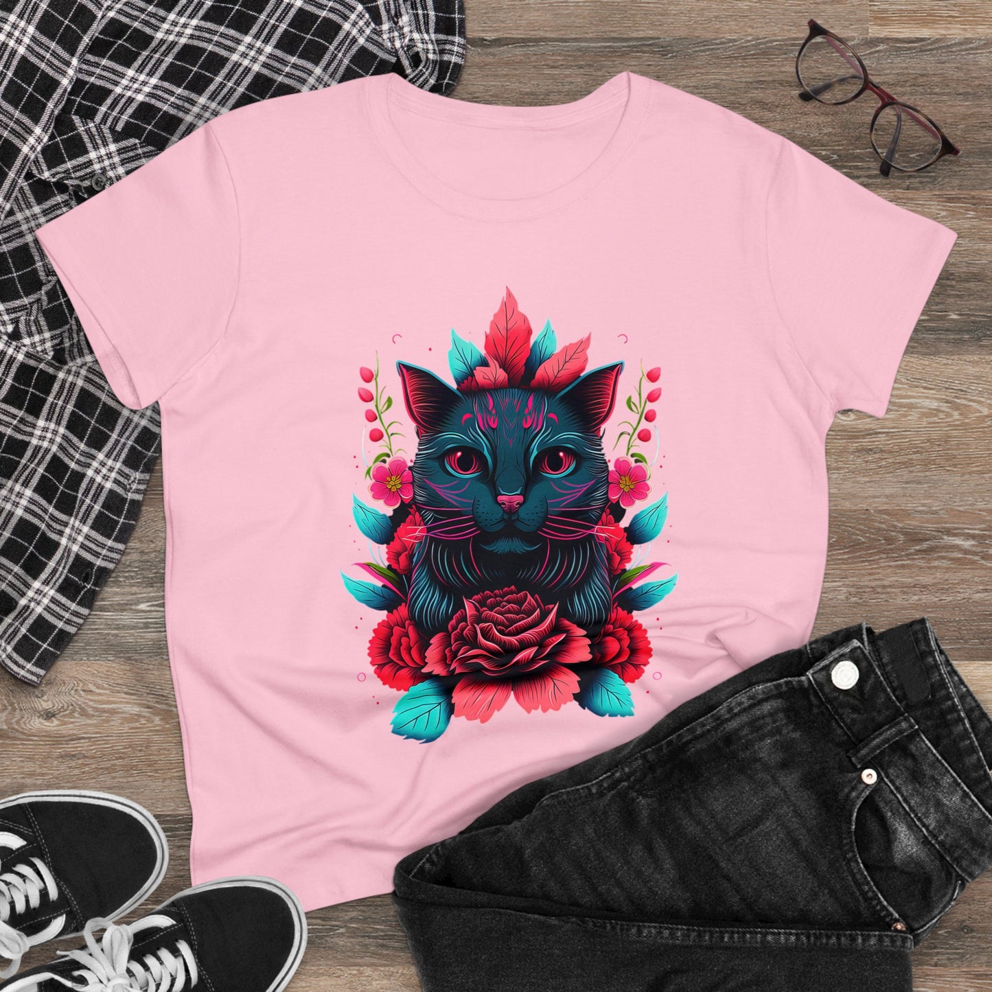 Floral Cat Women's Midweight Cotton Tee - Perfect for pet and Cat Lovers