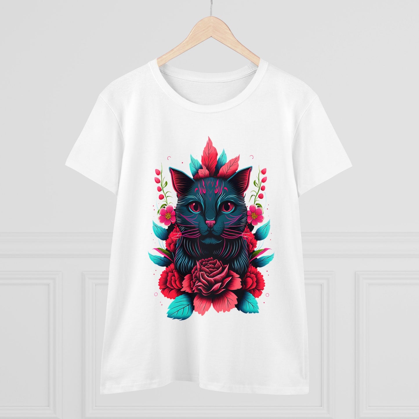 Floral Cat Women's Midweight Cotton Tee - Perfect for pet and Cat Lovers