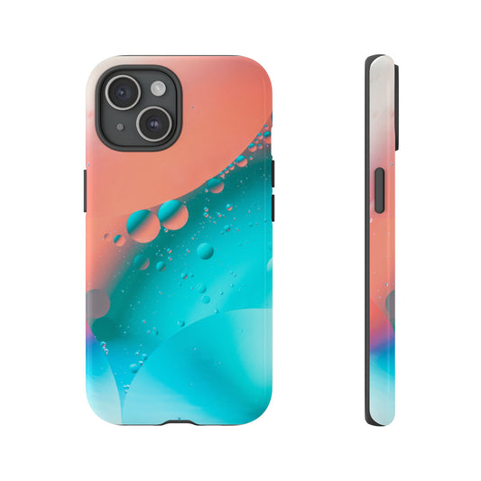 Printed phone case with a vibrant bubble design featuring shades of blue and pink, showcasing both the front and side views.