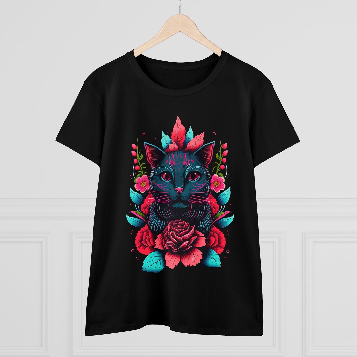 Floral Cat Women's Midweight Cotton Tee - Perfect for pet and Cat Lovers
