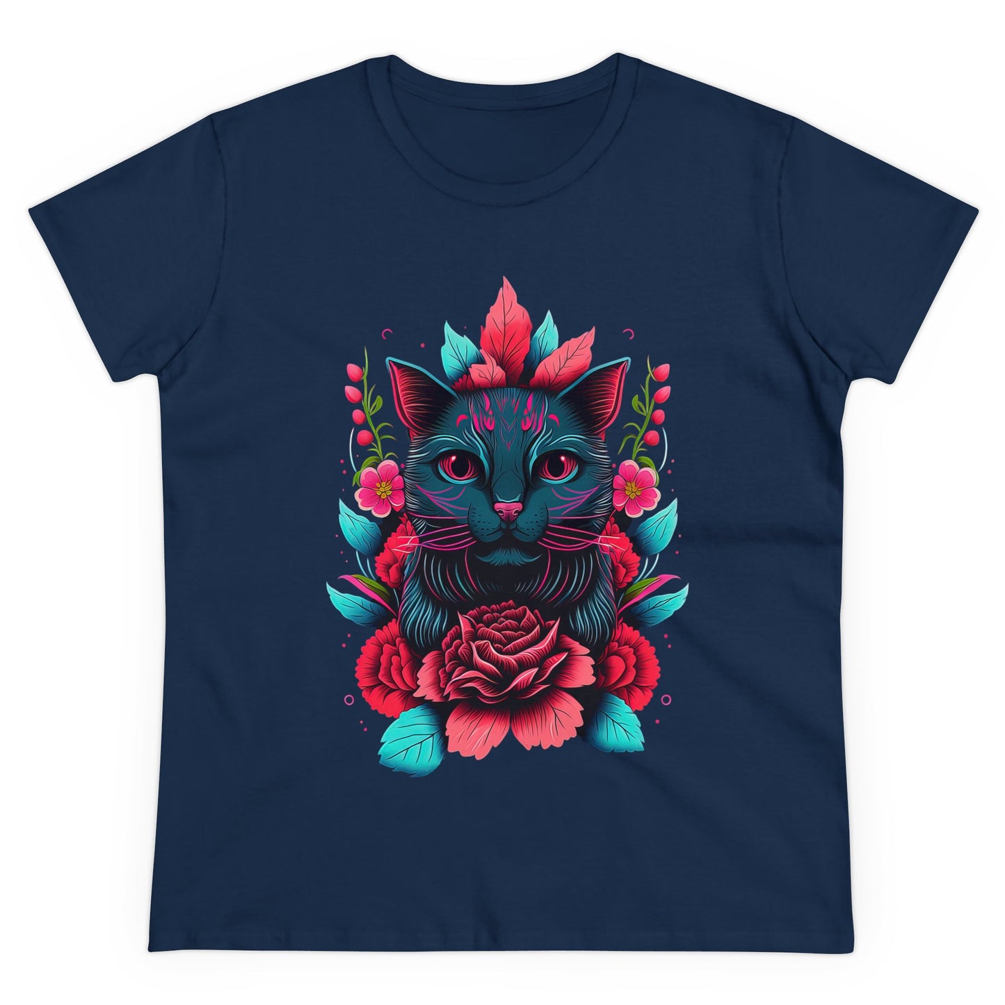 Floral Cat Women's Midweight Cotton Tee - Perfect for pet and Cat Lovers