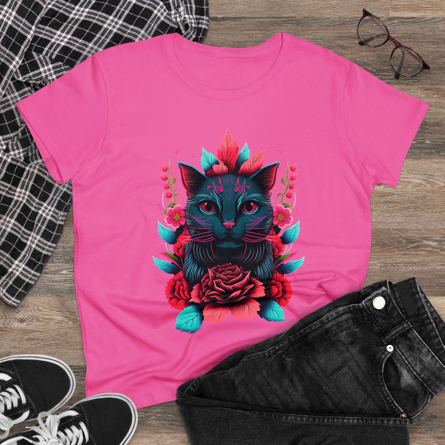 Floral Cat Women's Midweight Cotton Tee - Perfect for pet and Cat Lovers