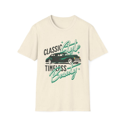 Printed T-Shirts  New York A beige unisex softstyle T-shirt with a graphic that includes a vintage car and the words 'CLASSIC STYLE' and 'TIMELESS BEAUTY'.