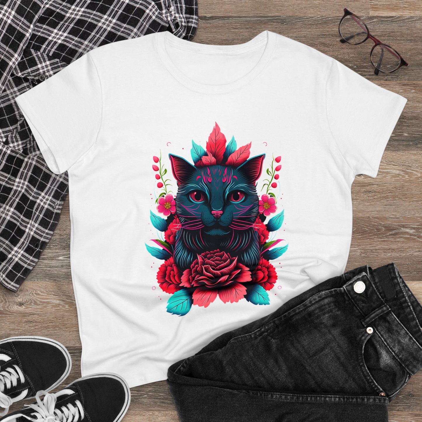 Floral Cat Women's Midweight Cotton Tee - Perfect for pet and Cat Lovers