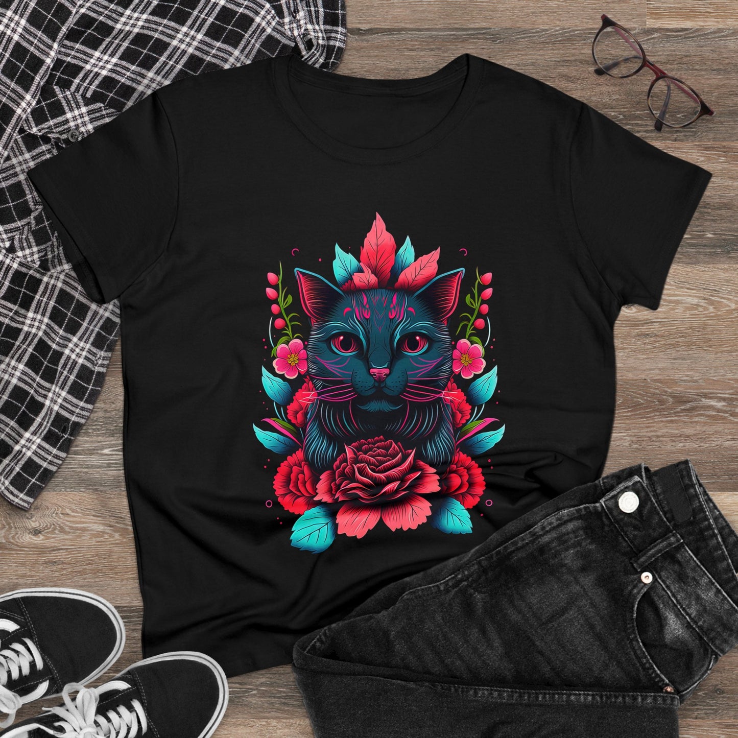 Floral Cat Women's Midweight Cotton Tee - Perfect for pet and Cat Lovers
