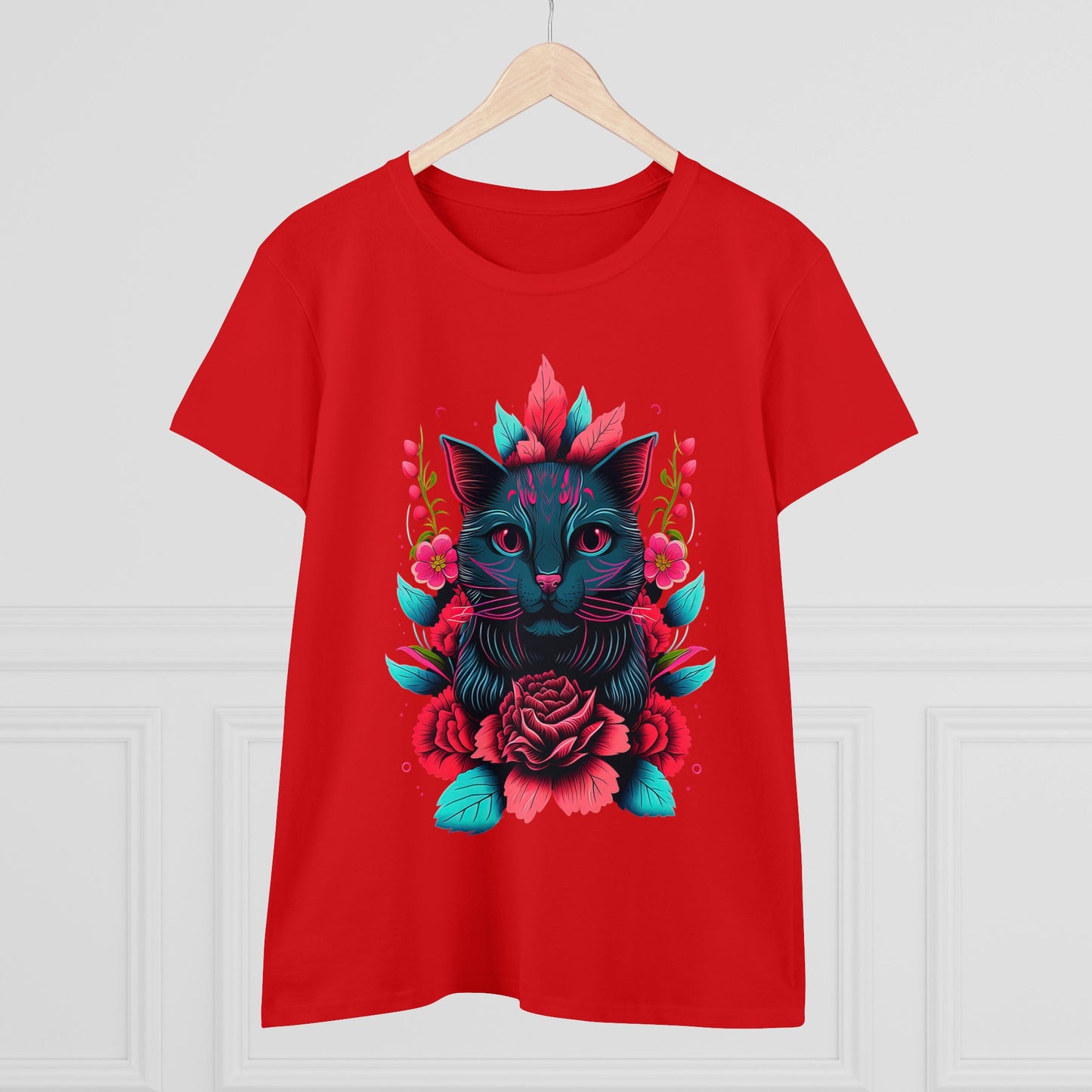 Floral Cat Women's Midweight Cotton Tee - Perfect for pet and Cat Lovers