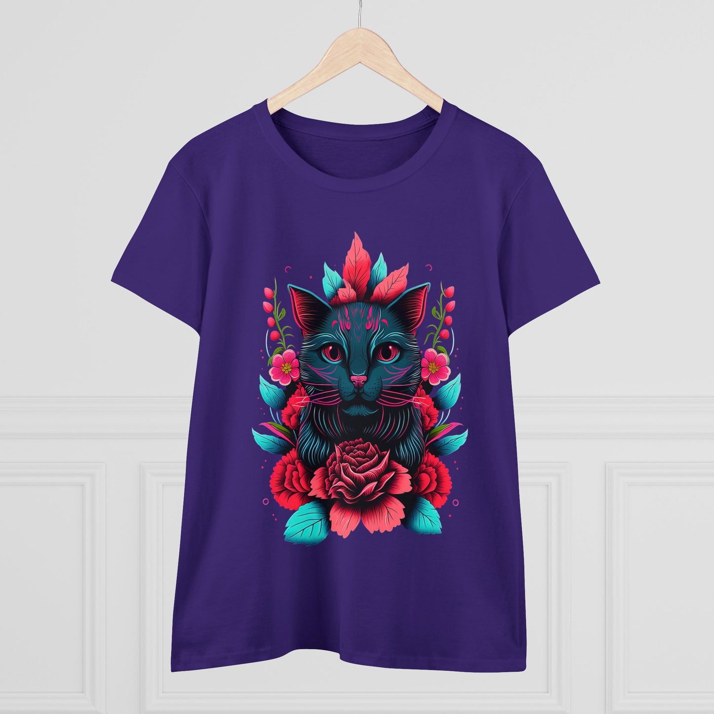 Floral Cat Women's Midweight Cotton Tee - Perfect for pet and Cat Lovers