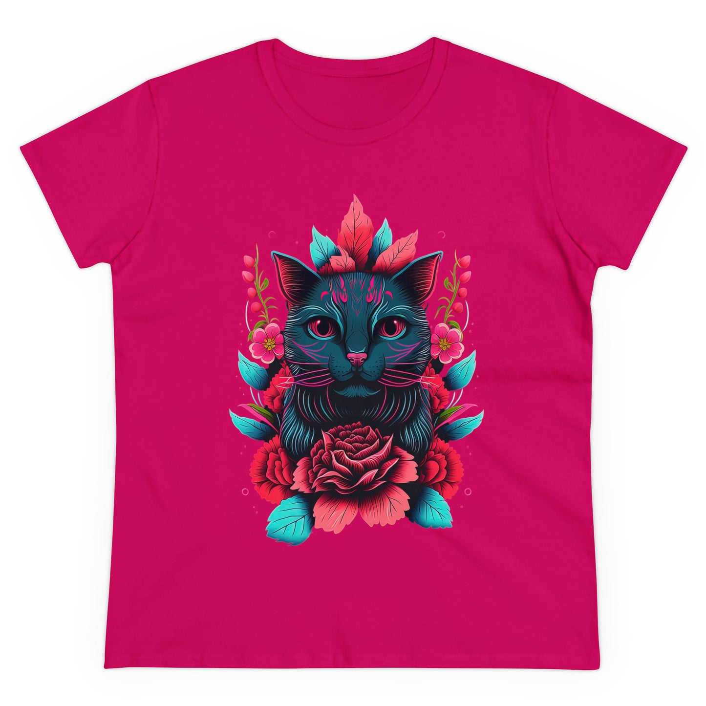 Floral Cat Women's Midweight Cotton Tee - Perfect for pet and Cat Lovers