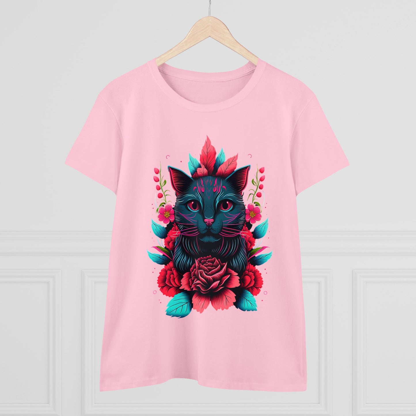Floral Cat Women's Midweight Cotton Tee - Perfect for pet and Cat Lovers