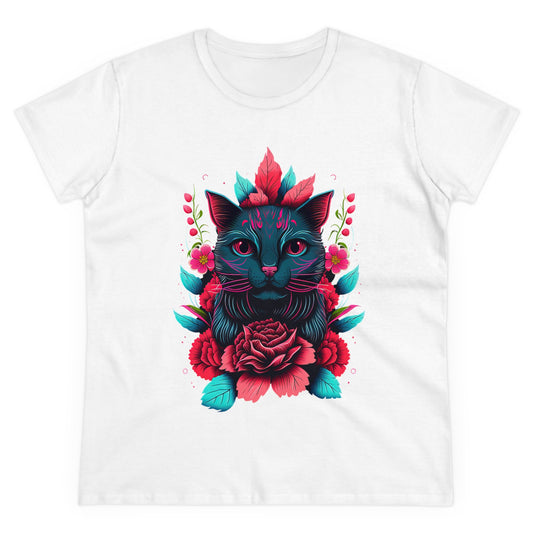 A Printed women's  white t-shirt with a colorful graphic design of a cat surrounded by floral elements on the front.