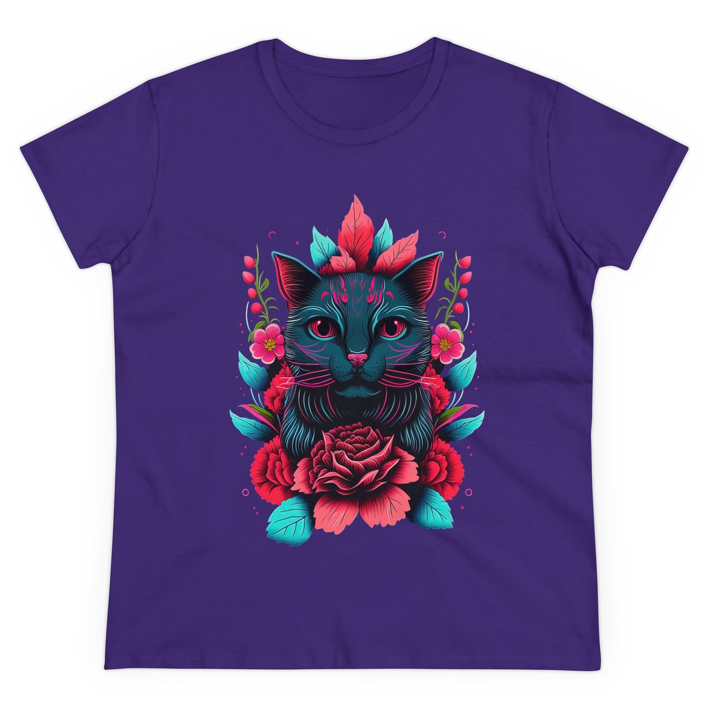 Floral Cat Women's Midweight Cotton Tee - Perfect for pet and Cat Lovers