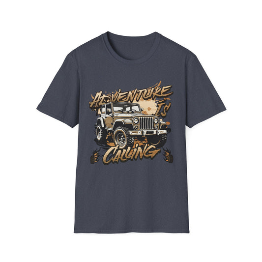 Printed T-Shirts New York A navy blue unisex softstyle T-shirt with a graphic print of a car and the text 'ADVENTURE IS CALLING'.
