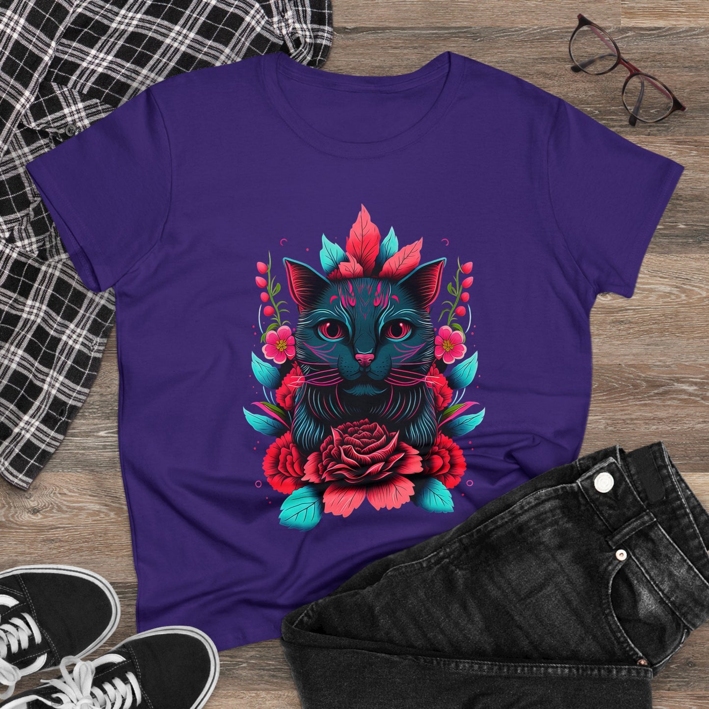 Floral Cat Women's Midweight Cotton Tee - Perfect for pet and Cat Lovers