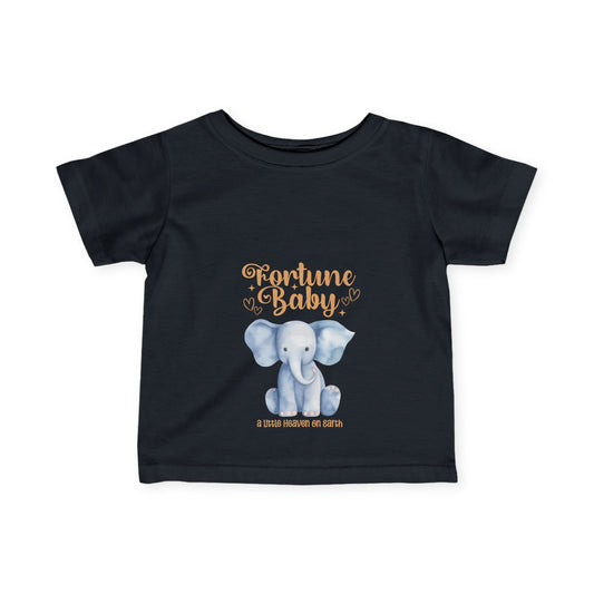 Printed Infant Jersey New York Black infant fine jersey tee with adorable elephant graphic and text 'Fortune Baby' on the front.