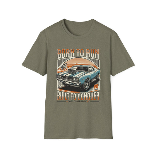 T-Shirt in New York with gray unisex softstyle T-shirt with a graphic of a vintage car and the text 'BORN TO RUN BUILT TO CONQUER'.