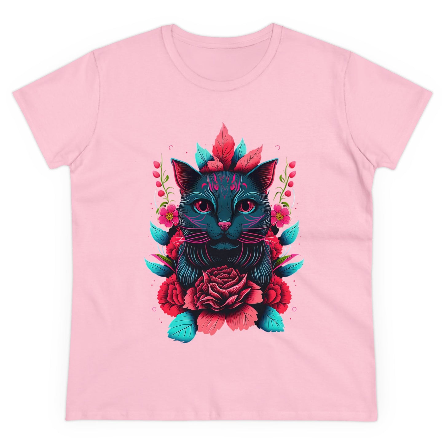 Floral Cat Women's Midweight Cotton Tee - Perfect for pet and Cat Lovers