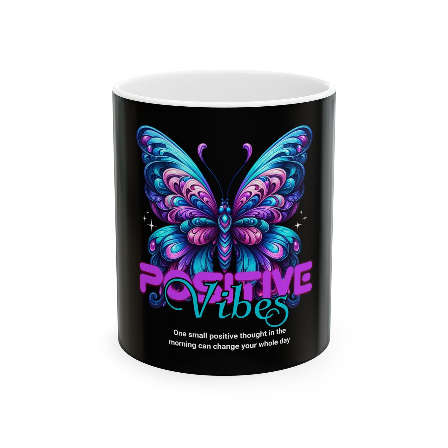 Printed mugs New York with a black background featuring a vibrant butterfly design and the text 'POSITIVE VIBES' in stylized font.