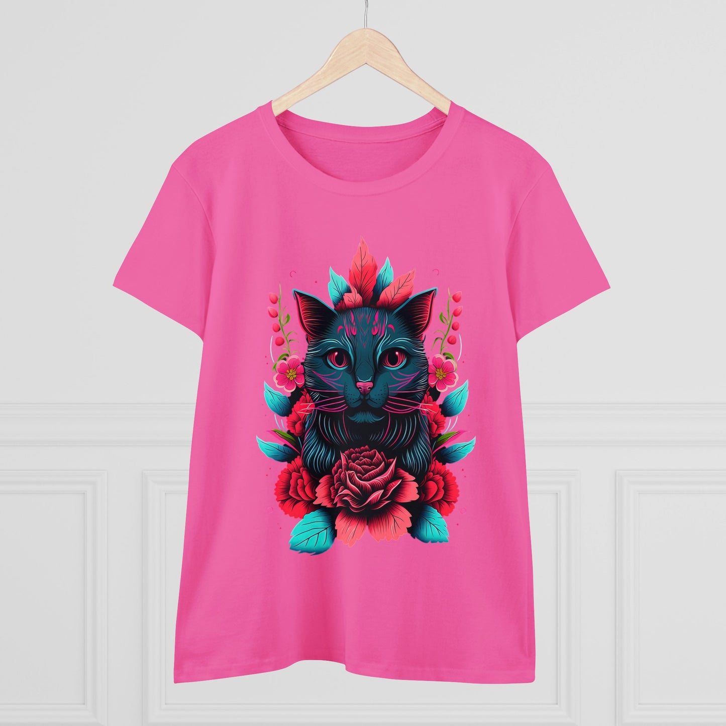 Floral Cat Women's Midweight Cotton Tee - Perfect for pet and Cat Lovers