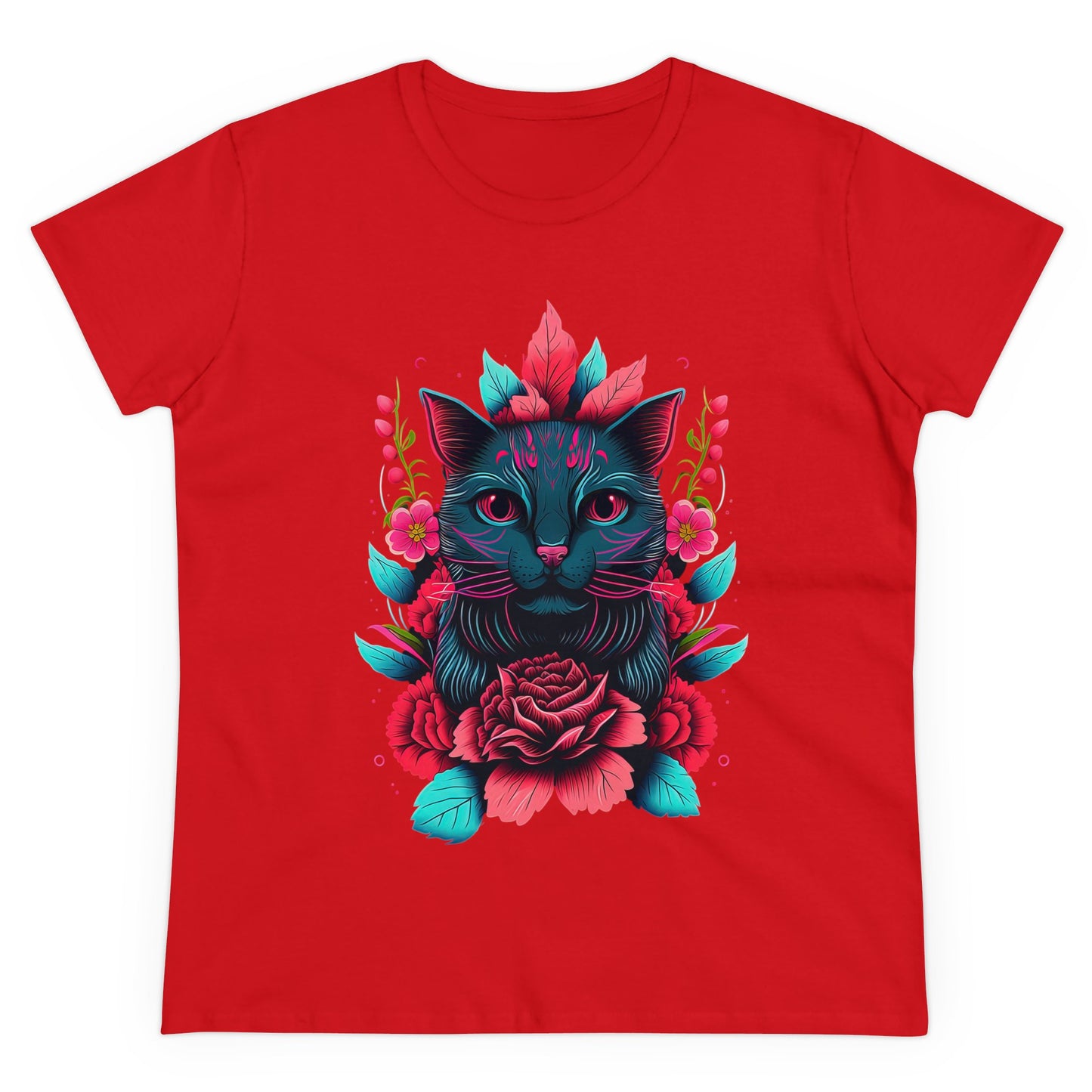 Floral Cat Women's Midweight Cotton Tee - Perfect for pet and Cat Lovers