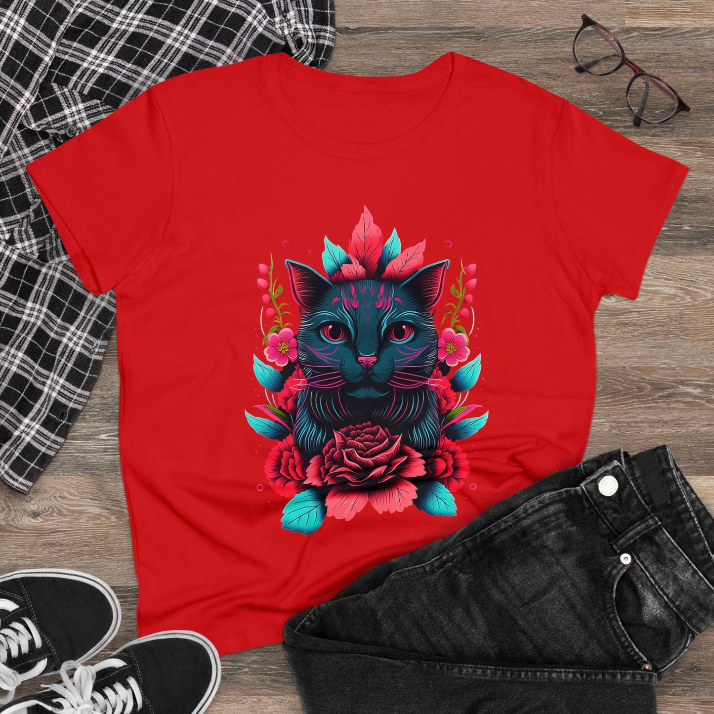 Floral Cat Women's Midweight Cotton Tee - Perfect for pet and Cat Lovers