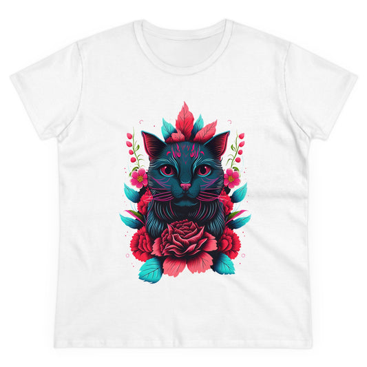 Floral Cat Women's Midweight Cotton Tee - Perfect for pet and  Cat Lovers