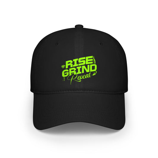 A black printed baseball cap with a green 'Rise and Grind' text logo on the front. NY